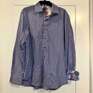 Robert Graham blue & white checked button down Floral sleeve cuffs XL